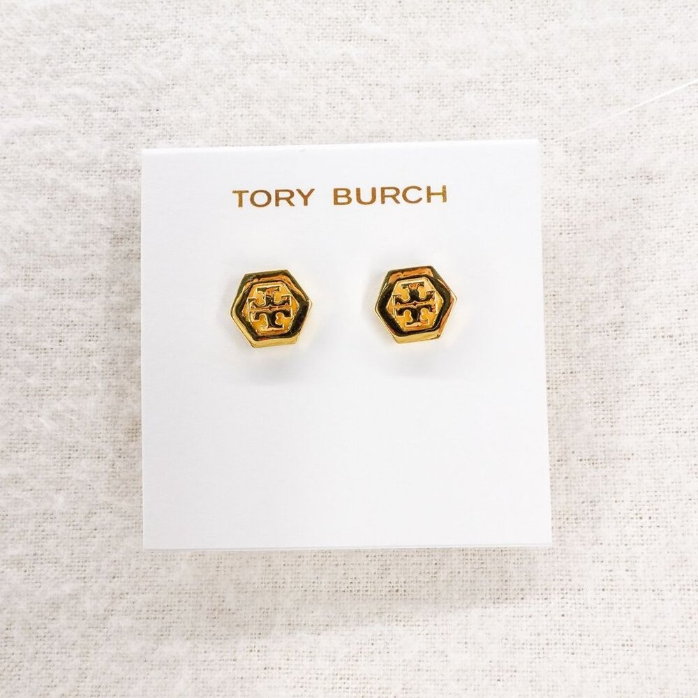 Tory Burch Hex-Logo Stud Earrings Gold OS
